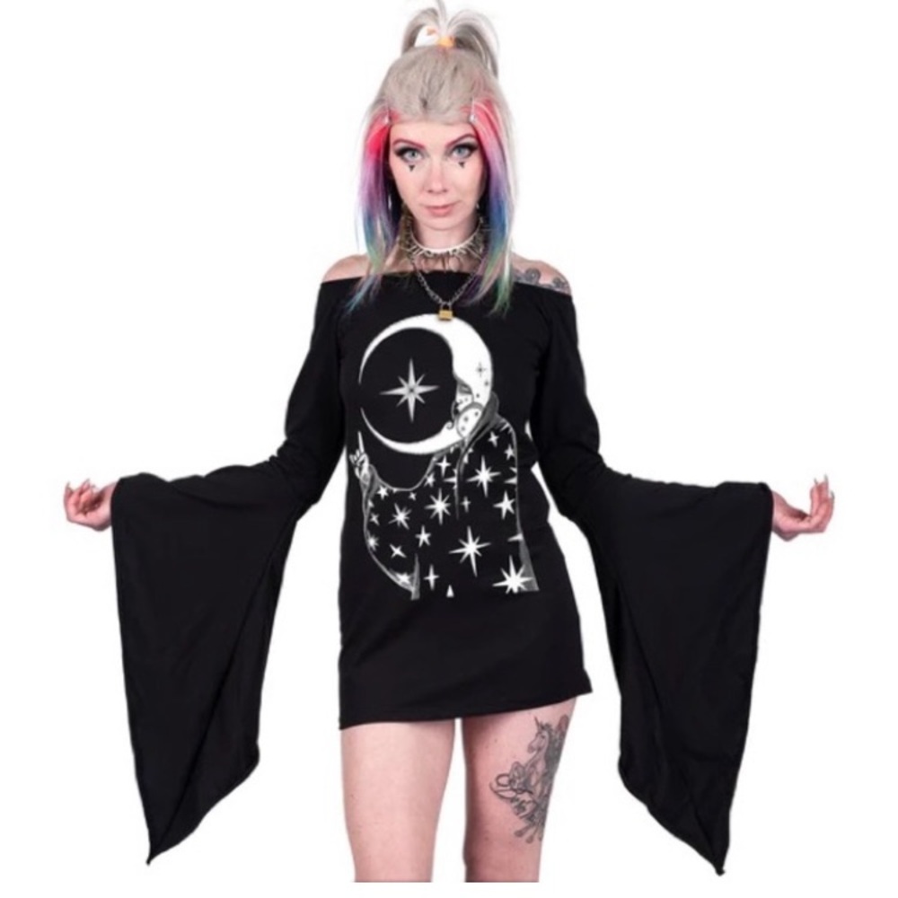Too Fast CELESTIAL GODDESS HELLZ BELLZ BELL SLEEVE DRESS size L